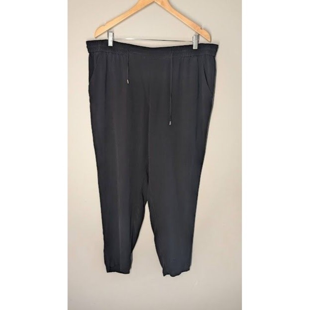 Eileen Fisher 100% Silk Pants Women XL Black Drawstring Elastic Waist Tapered